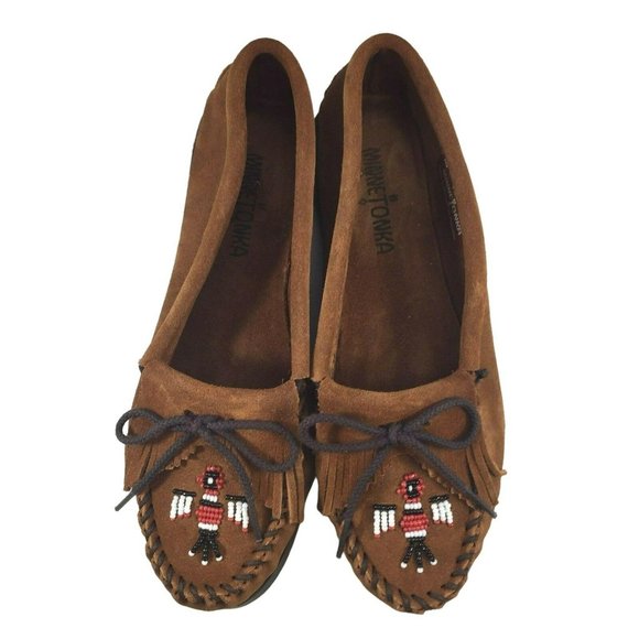 Minnetonka Leather Flats Moccasins Women 7.5 Beaded Brown Slip On Stitched Shoes - Picture 1 of 12
